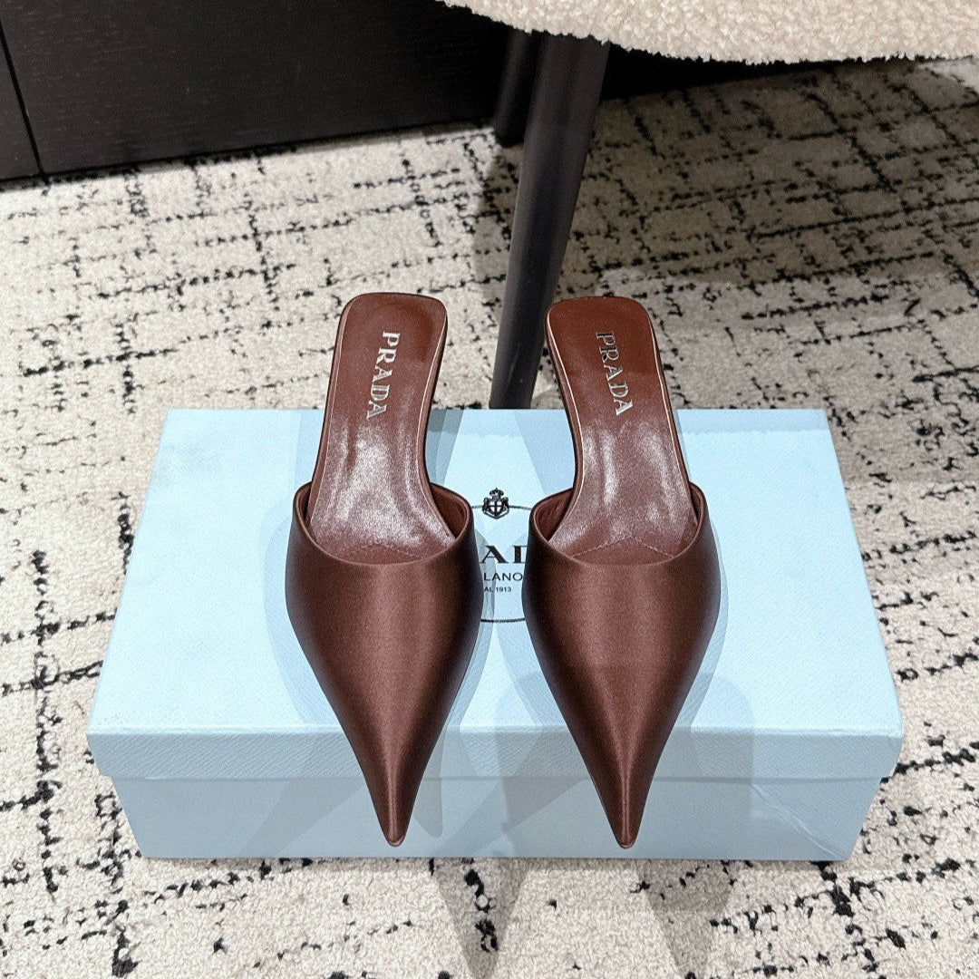 PRADA 25S POINTED-TOE MULES IN DARK BROWN SATIN - 35