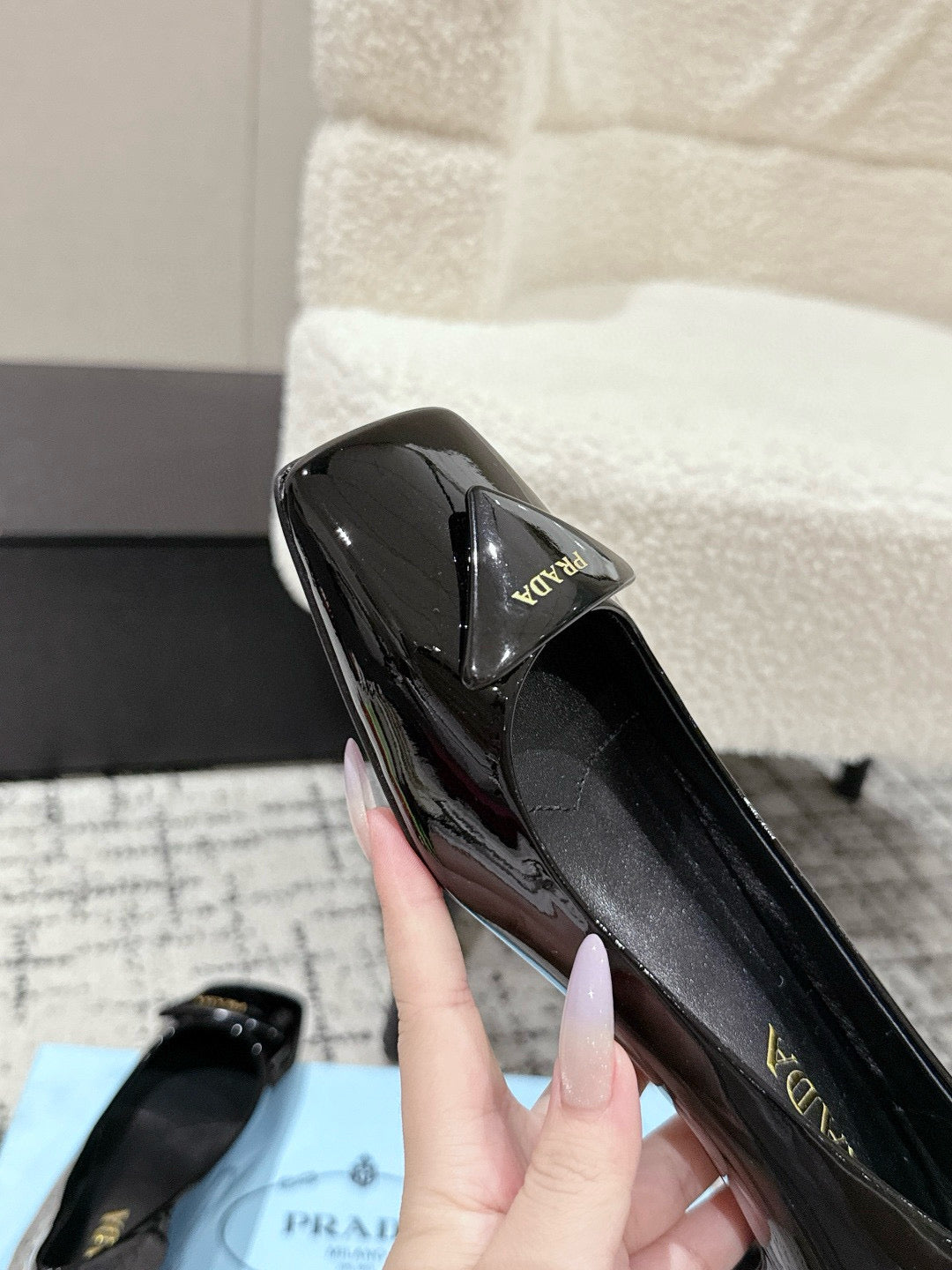 PRADA 25S SQUARE TOE HIGH HEELS IN BLACK GLOSSY CALFSKIN - 35