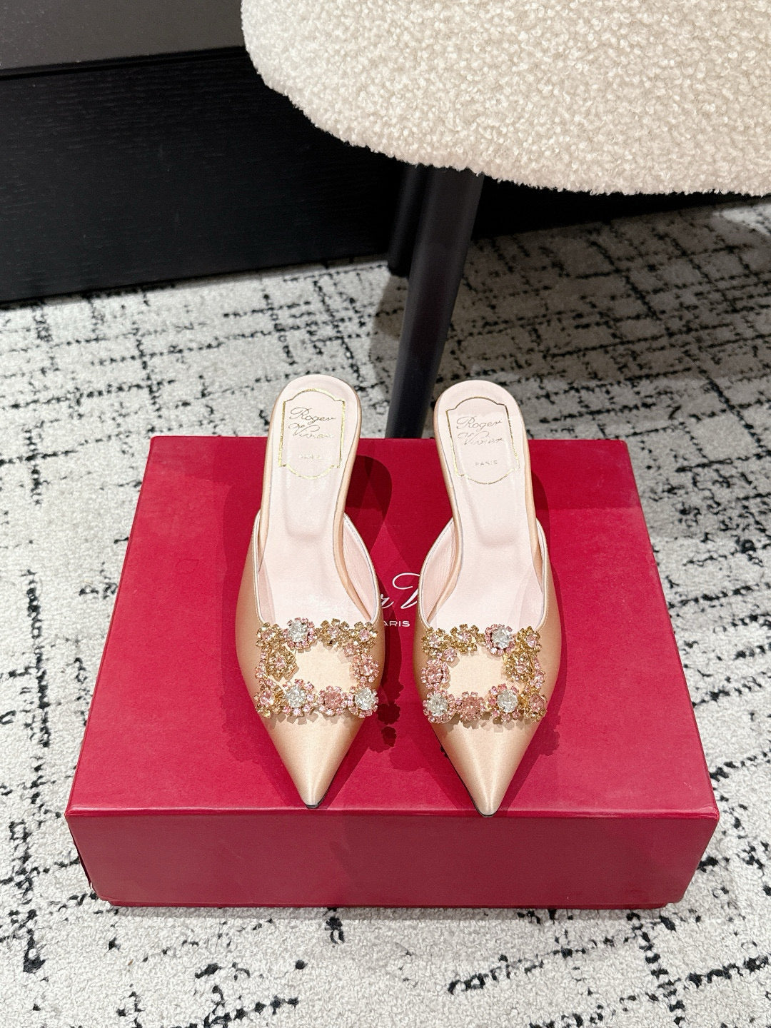 ROGER VIVIER 25S EFFLORESCENCE MULES 65MM IN GOLD SATIN EMBELLISHED CRYSTALS - 34