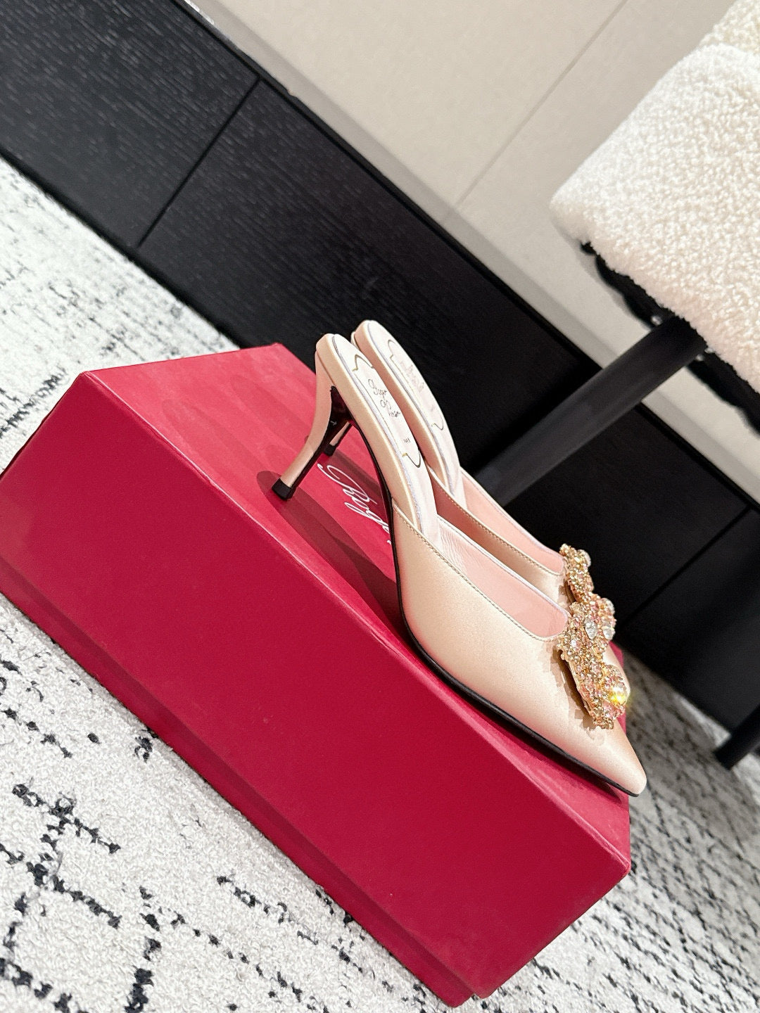 ROGER VIVIER 25S EFFLORESCENCE MULES 65MM IN GOLD SATIN EMBELLISHED CRYSTALS - 34