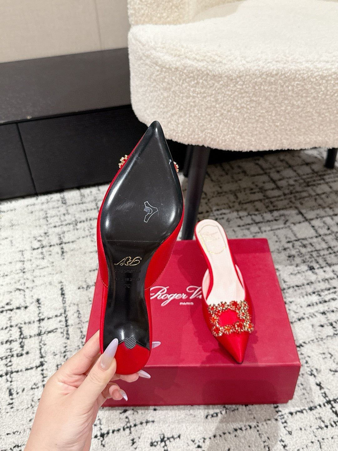ROGER VIVIER 25S EFFLORESCENCE MULES 65MM IN BRIGHT RED SATIN EMBELLISHED CRYSTALS - 34