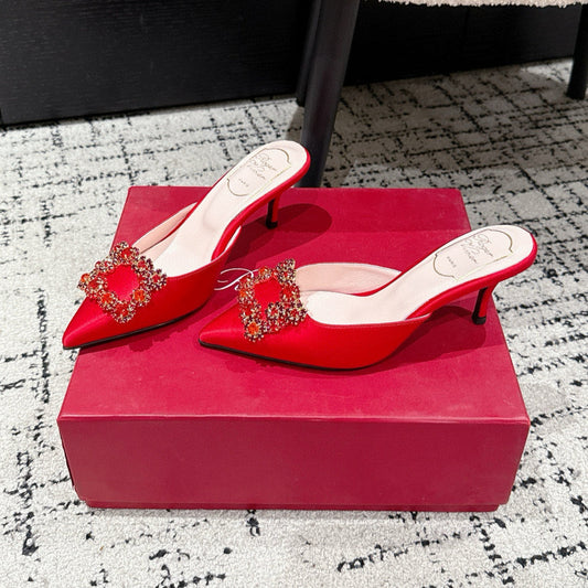 ROGER VIVIER 25S EFFLORESCENCE MULES 65MM IN BRIGHT RED SATIN EMBELLISHED CRYSTALS - 34