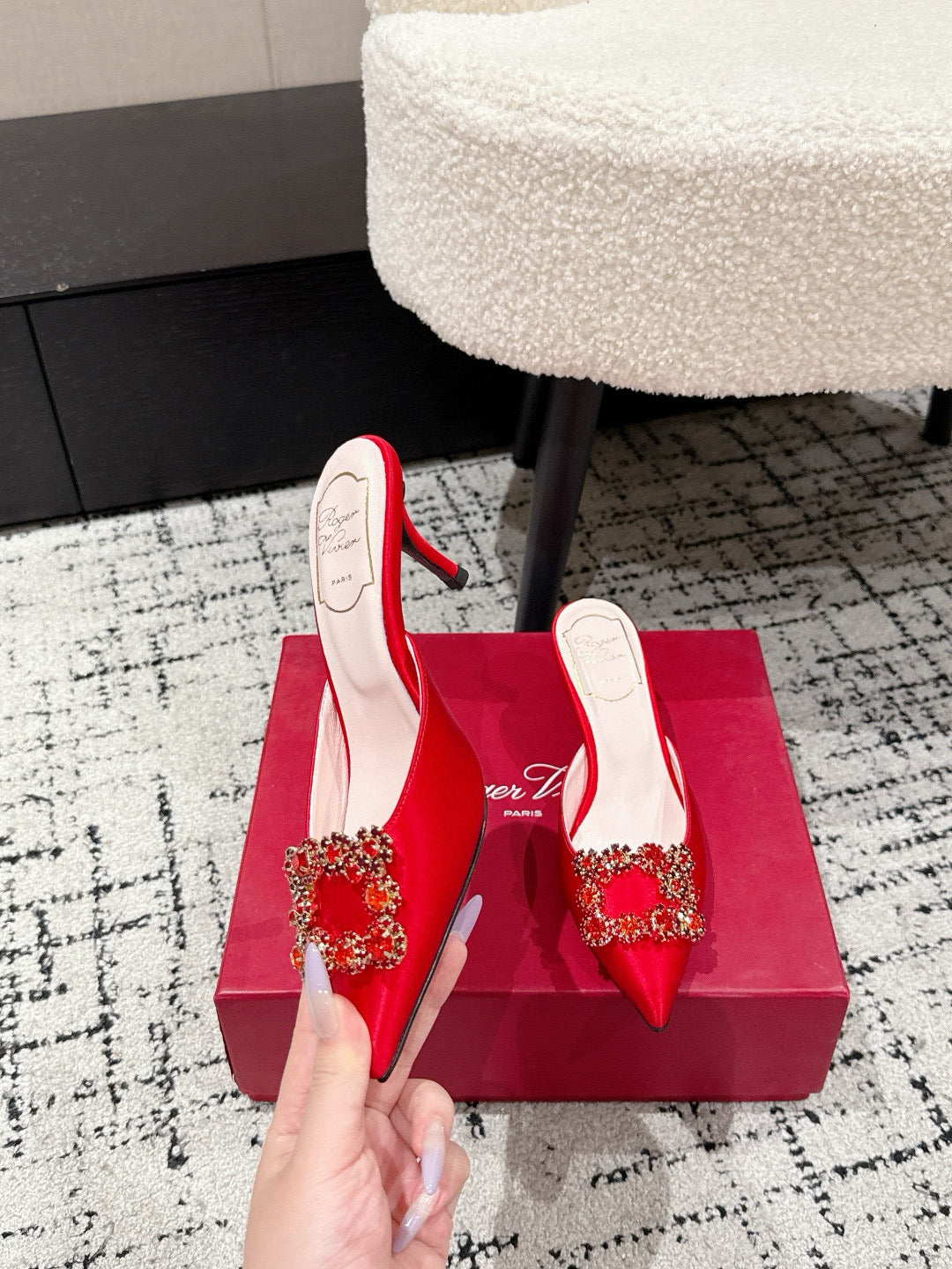 ROGER VIVIER 25S EFFLORESCENCE MULES 65MM IN BRIGHT RED SATIN EMBELLISHED CRYSTALS - 34