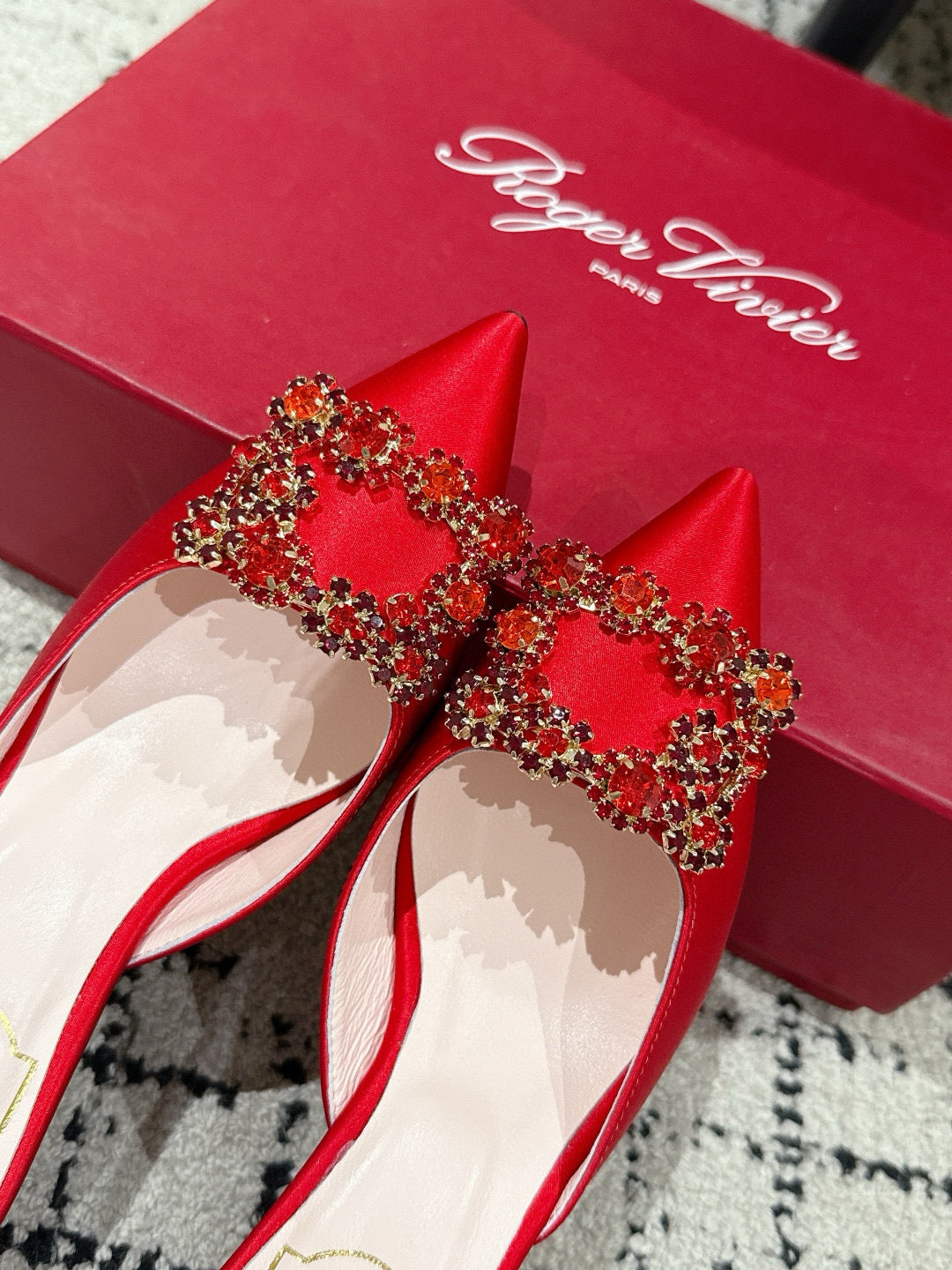 ROGER VIVIER 25S EFFLORESCENCE MULES 65MM IN BRIGHT RED SATIN EMBELLISHED CRYSTALS - 34