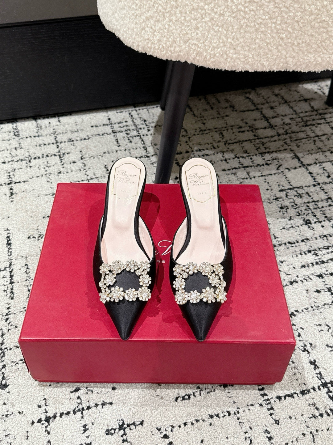 ROGER VIVIER 25S EFFLORESCENCE MULES 65MM IN BLACK SATIN EMBELLISHED CRYSTALS - 34