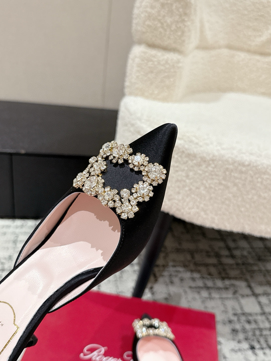 ROGER VIVIER 25S EFFLORESCENCE MULES 65MM IN BLACK SATIN EMBELLISHED CRYSTALS - 34