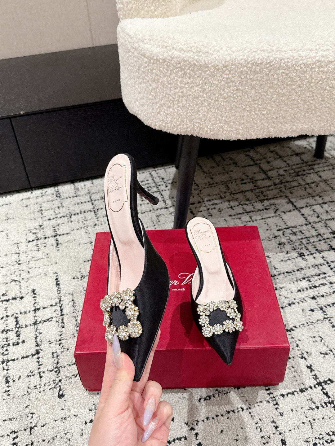 ROGER VIVIER 25S EFFLORESCENCE MULES 65MM IN BLACK SATIN EMBELLISHED CRYSTALS - 34