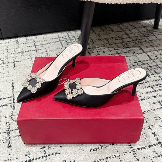 ROGER VIVIER 25S EFFLORESCENCE MULES 65MM IN BLACK SATIN EMBELLISHED CRYSTALS - 34