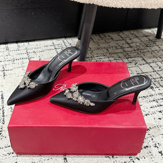 ROGER VIVIER 25S POINTED TOE HEELED MULES 65MM IN BLACK SATIN EMBELLISHED CRYSTALS - 34