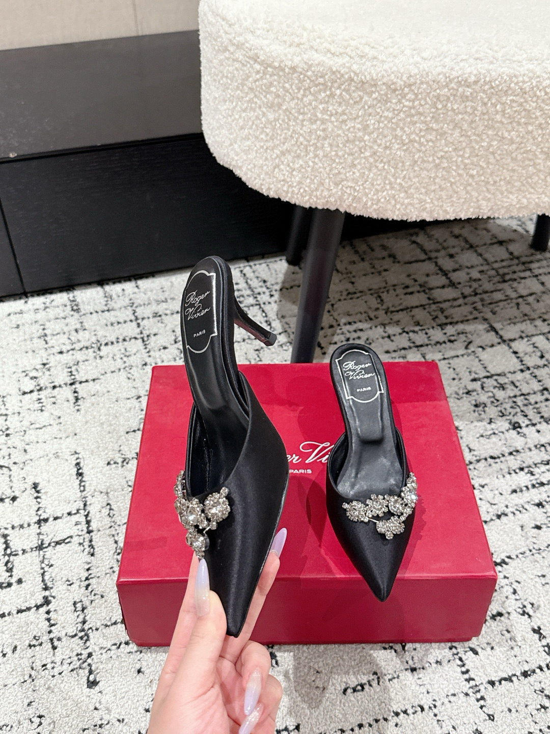 ROGER VIVIER 25S POINTED TOE HEELED MULES 65MM IN BLACK SATIN EMBELLISHED CRYSTALS - 34