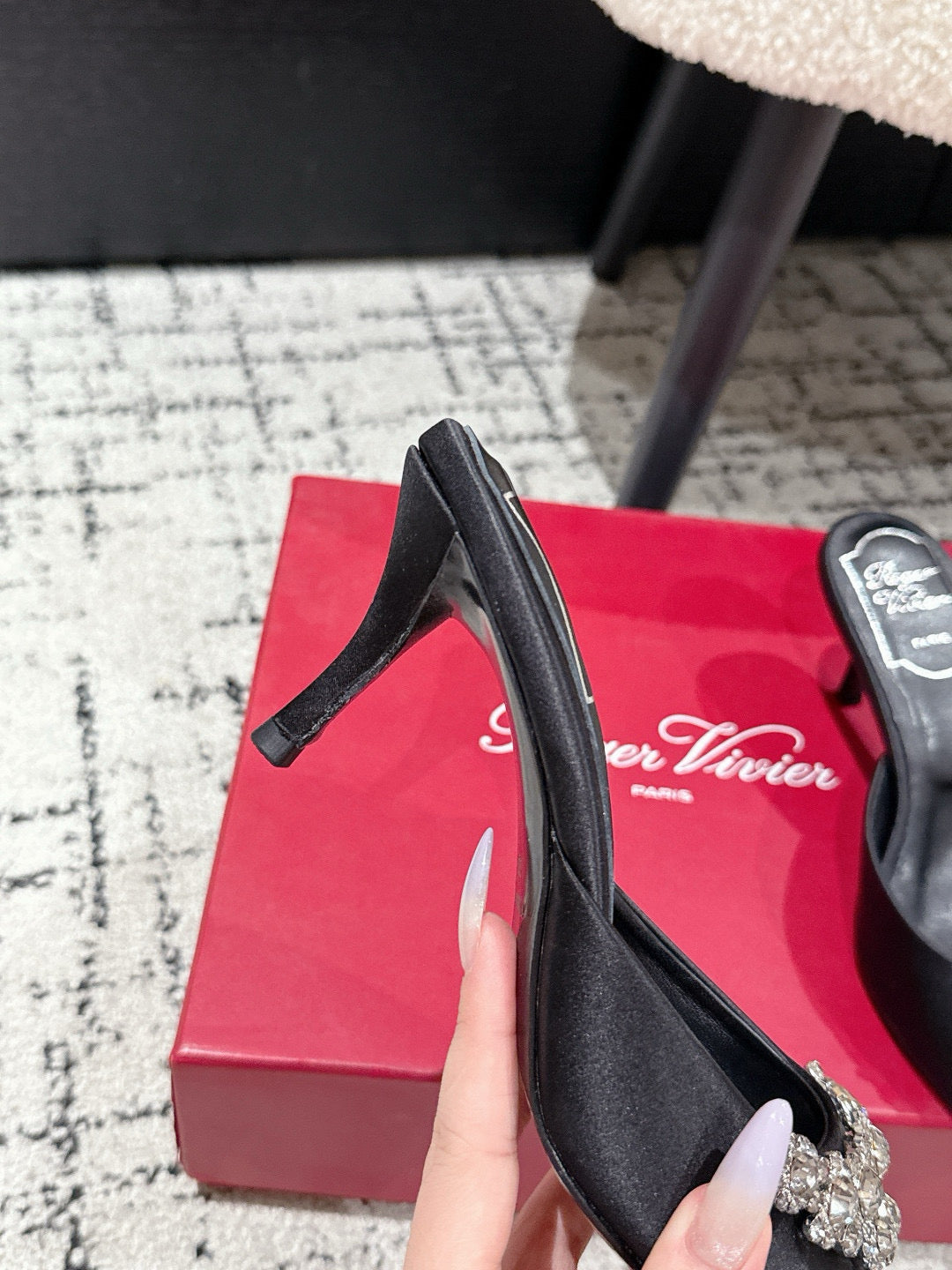 ROGER VIVIER 25S POINTED TOE HEELED MULES 65MM IN BLACK SATIN EMBELLISHED CRYSTALS - 34