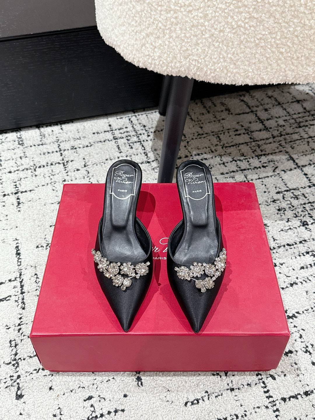 ROGER VIVIER 25S POINTED TOE HEELED MULES 65MM IN BLACK SATIN EMBELLISHED CRYSTALS - 34