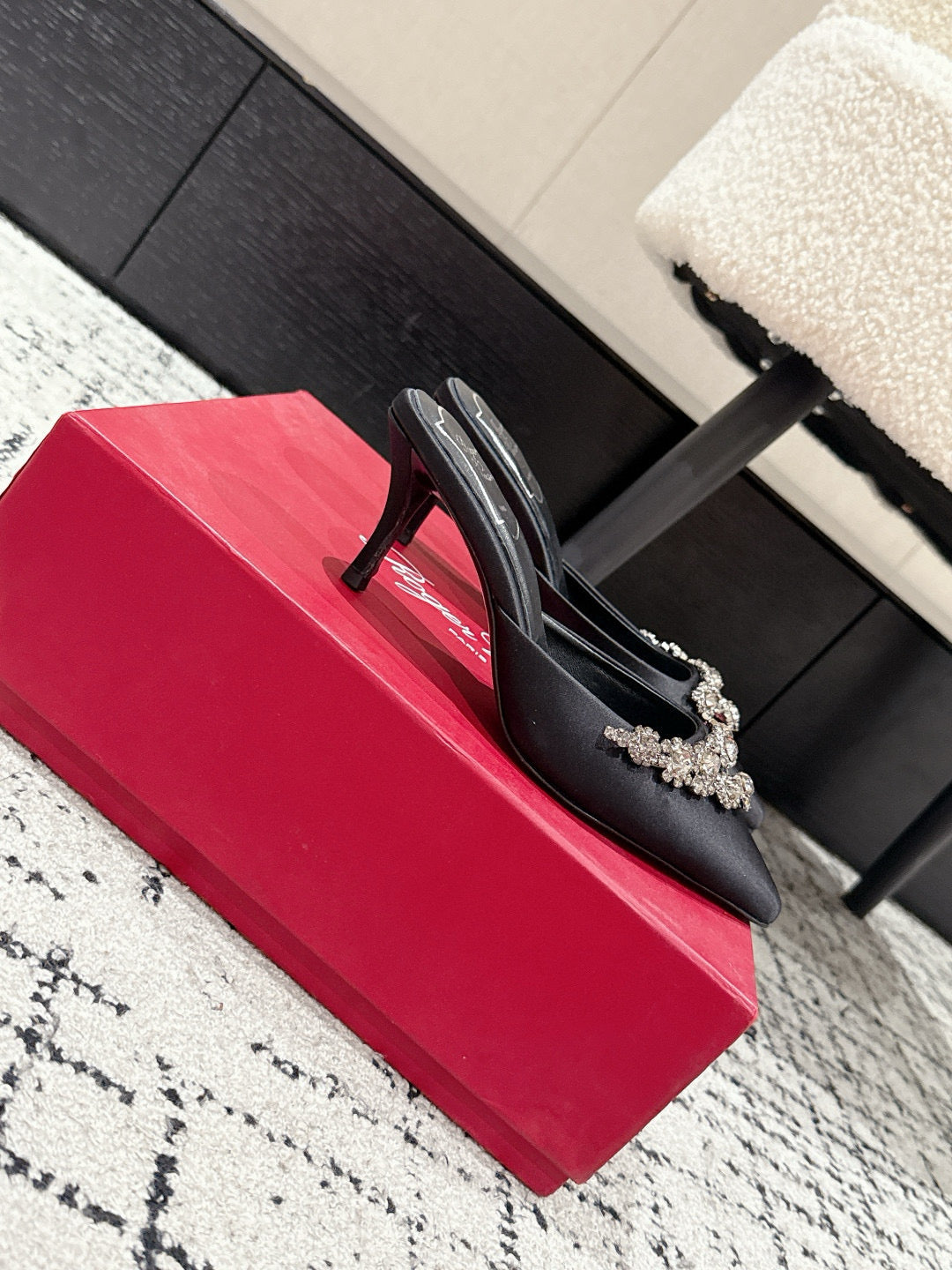 ROGER VIVIER 25S POINTED TOE HEELED MULES 65MM IN BLACK SATIN EMBELLISHED CRYSTALS - 34