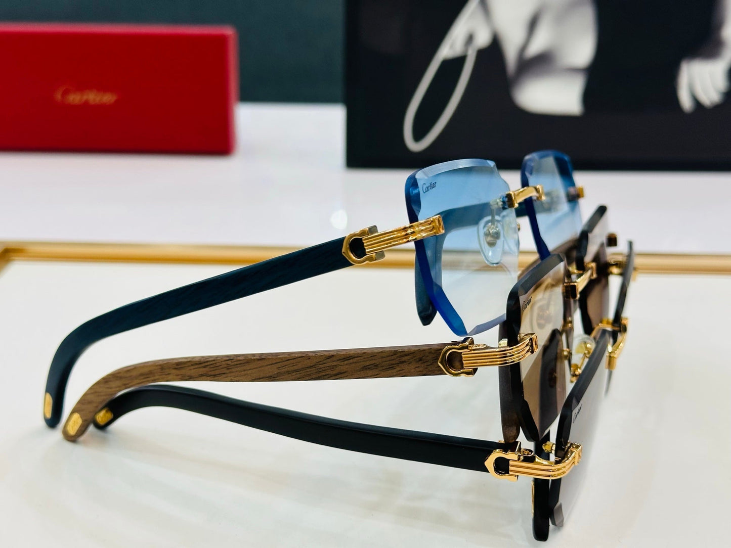 PREMIÈRE RECTANGULAR FRAME SUNGLASSES CT0620S IN METAL AND WOODEN - Blue