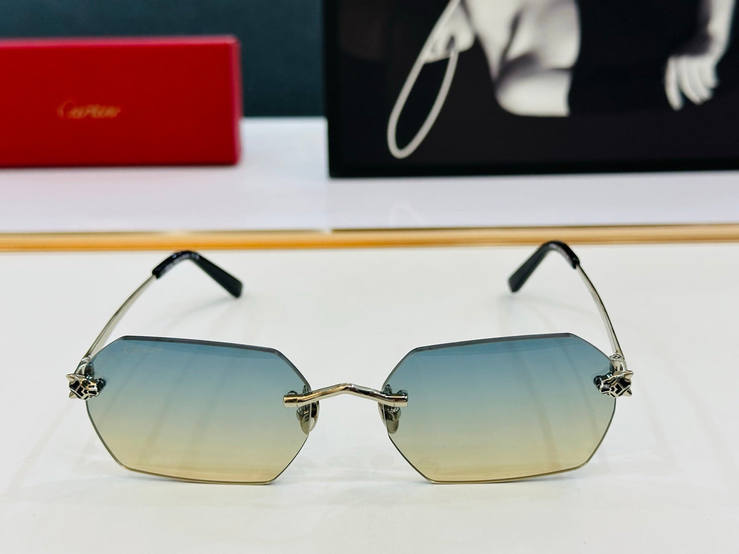 PANTHÈRE RIMLESS GEOMETRIC FRAME SUNGLASSES CT0504S IN METAL - Yellow blue