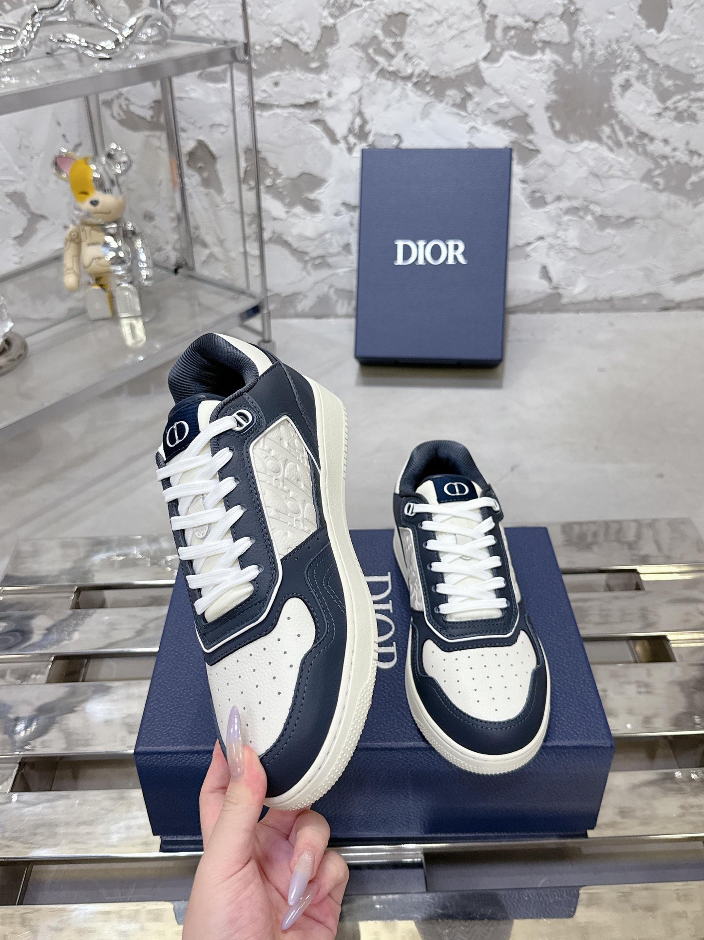 DIOR 25S B27 UPTOWN LOW-TOP SNEAKERS IN DARK BLUE MIX CREAM WHITE CALFSKIN STYLE 3 - 35