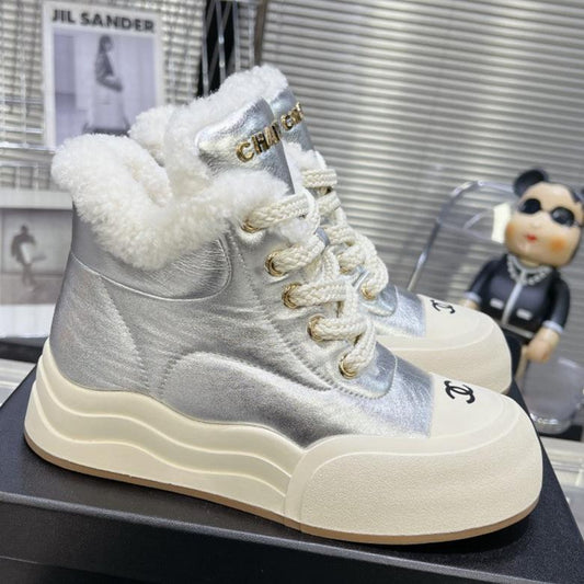 MARTIN BOOTS IN SILVER CALFSKIN AND LAMB FUR LINING - 35
