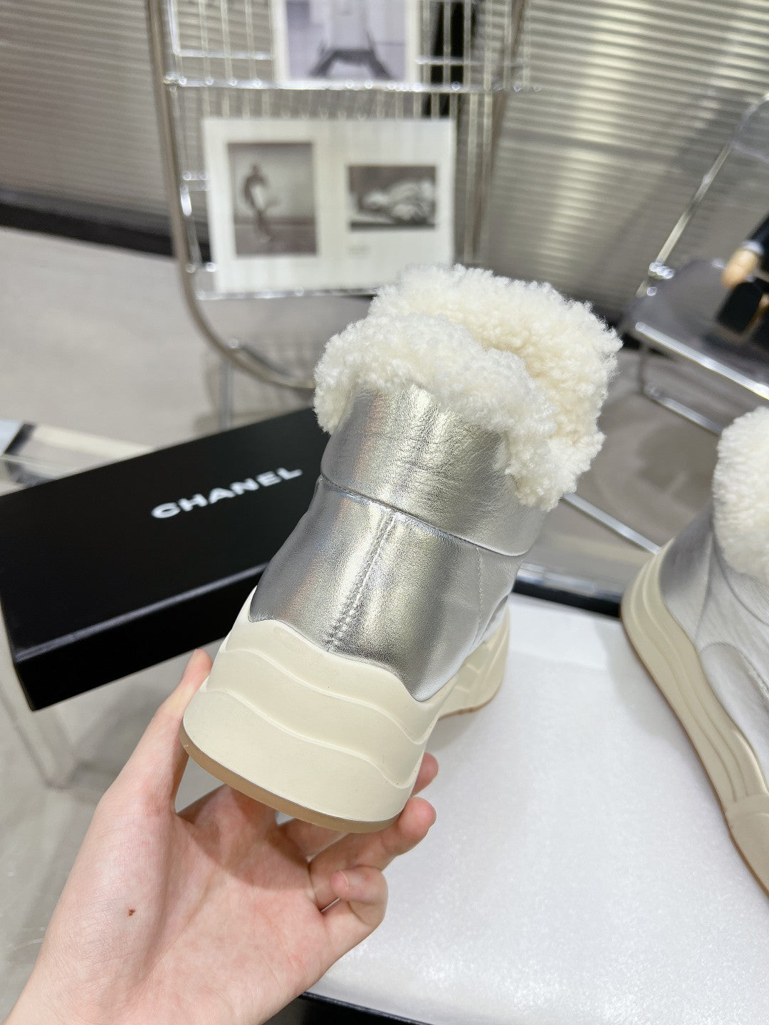 MARTIN BOOTS IN SILVER CALFSKIN AND LAMB FUR LINING - 35