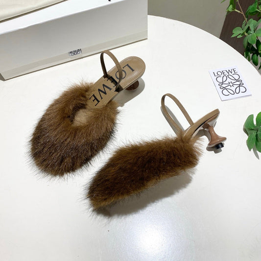 ВІДКРИТІ ТУФЛІ LOEWE 26S НА ВИСОКИХ ПІДБОРАХ 60 ММ З ТЕМНО-КОРИЧНЕВОЇ ТЕЛЯЧОЇ ШКІРИ З ХУТРОМ