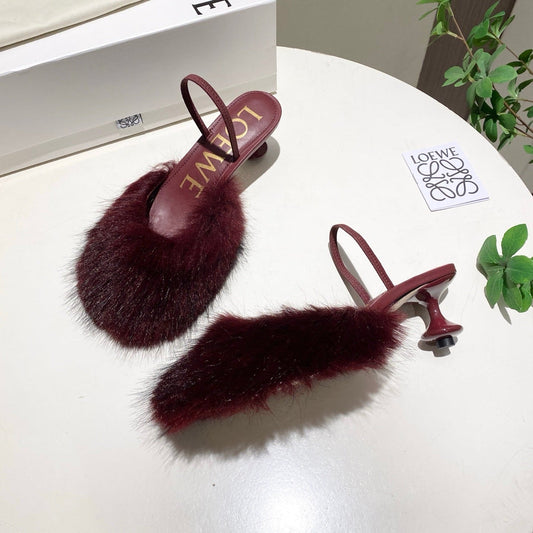 БОСОНІЖКИ LOEWE 26S З ВІДКРИТОЮ П'ЯТОЮ 60 ММ З ВИННО-ЧЕРВОНОЇ ТЕЛЯЧОЇ ШКІРИ З ХУТРОМ