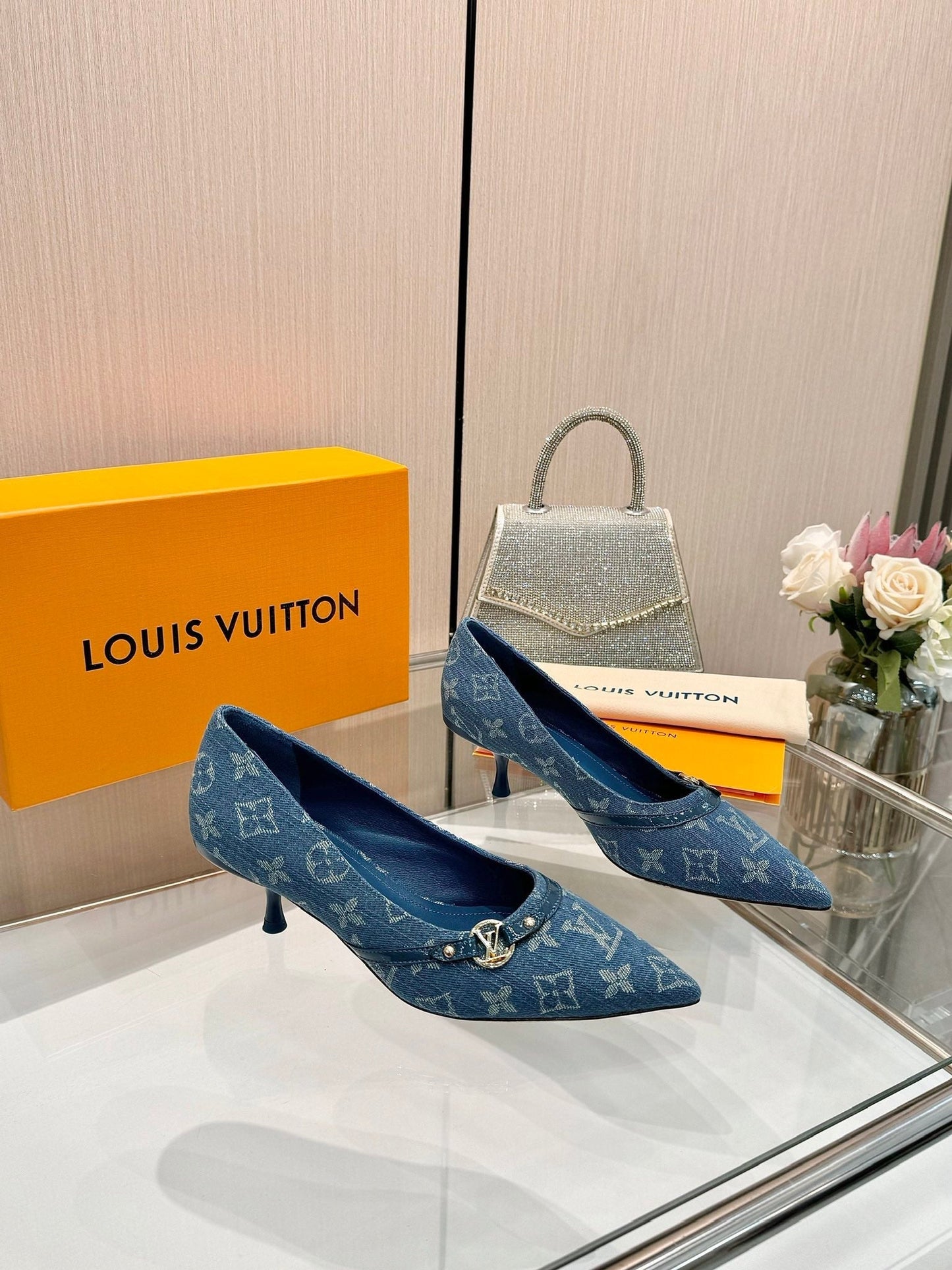 6AM HIGH HEELS 55 MM IN CLASSIC BLUE MONOGRAM DENIM - 34