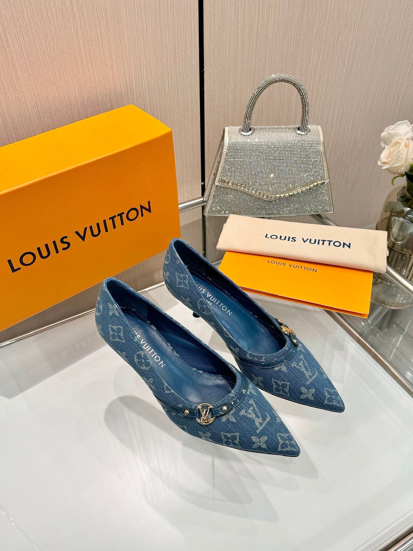 6AM HIGH HEELS 55 MM IN CLASSIC BLUE MONOGRAM DENIM - 34