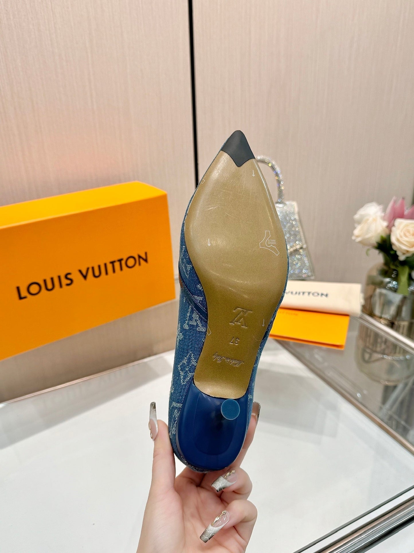 6AM HIGH HEELS 55 MM IN CLASSIC BLUE MONOGRAM DENIM - 34