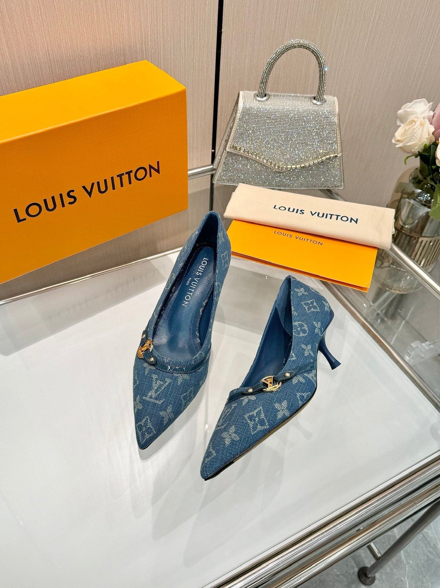 6AM HIGH HEELS 55 MM IN CLASSIC BLUE MONOGRAM DENIM - 34
