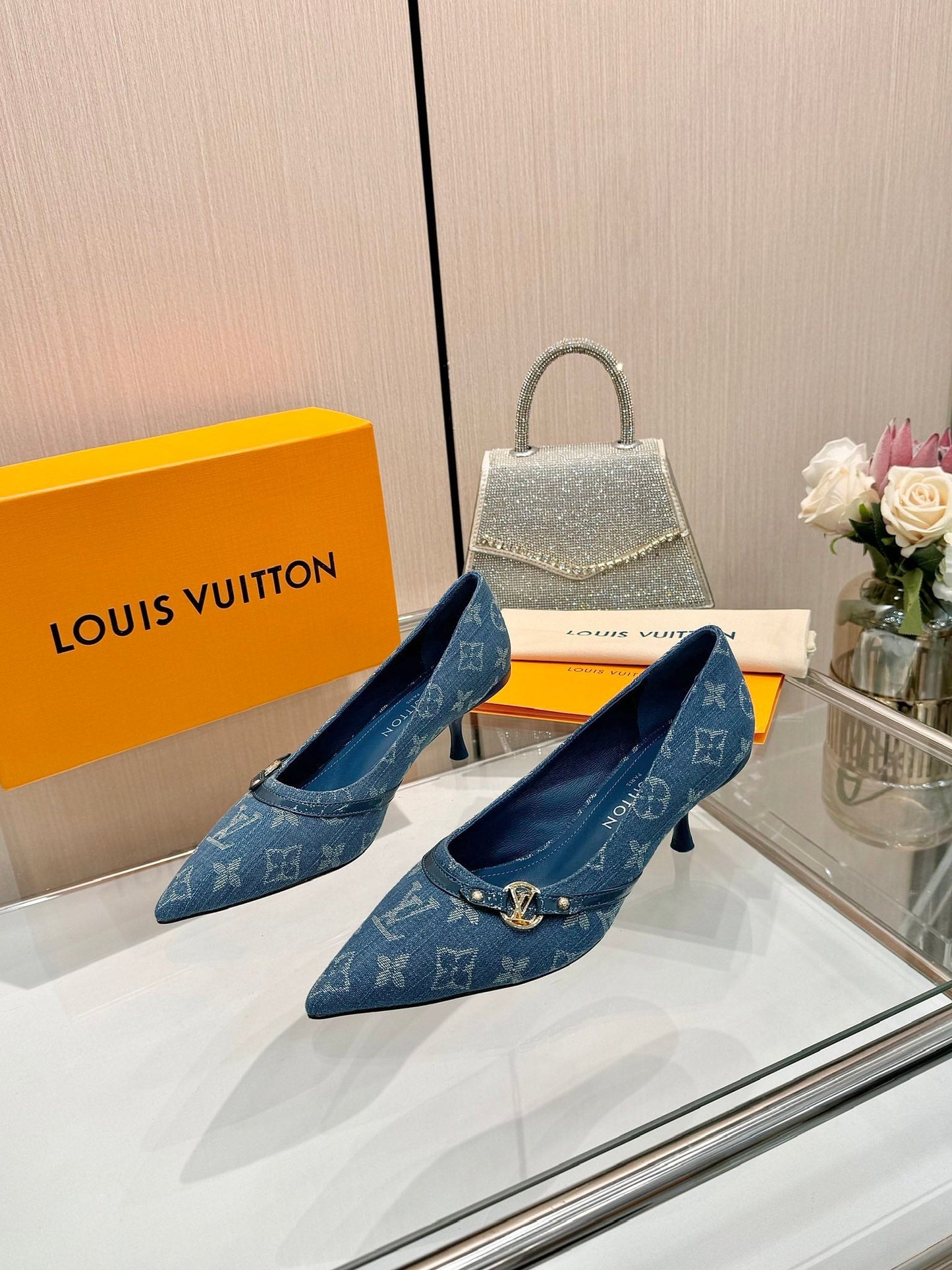 6AM HIGH HEELS 55 MM IN CLASSIC BLUE MONOGRAM DENIM - 34