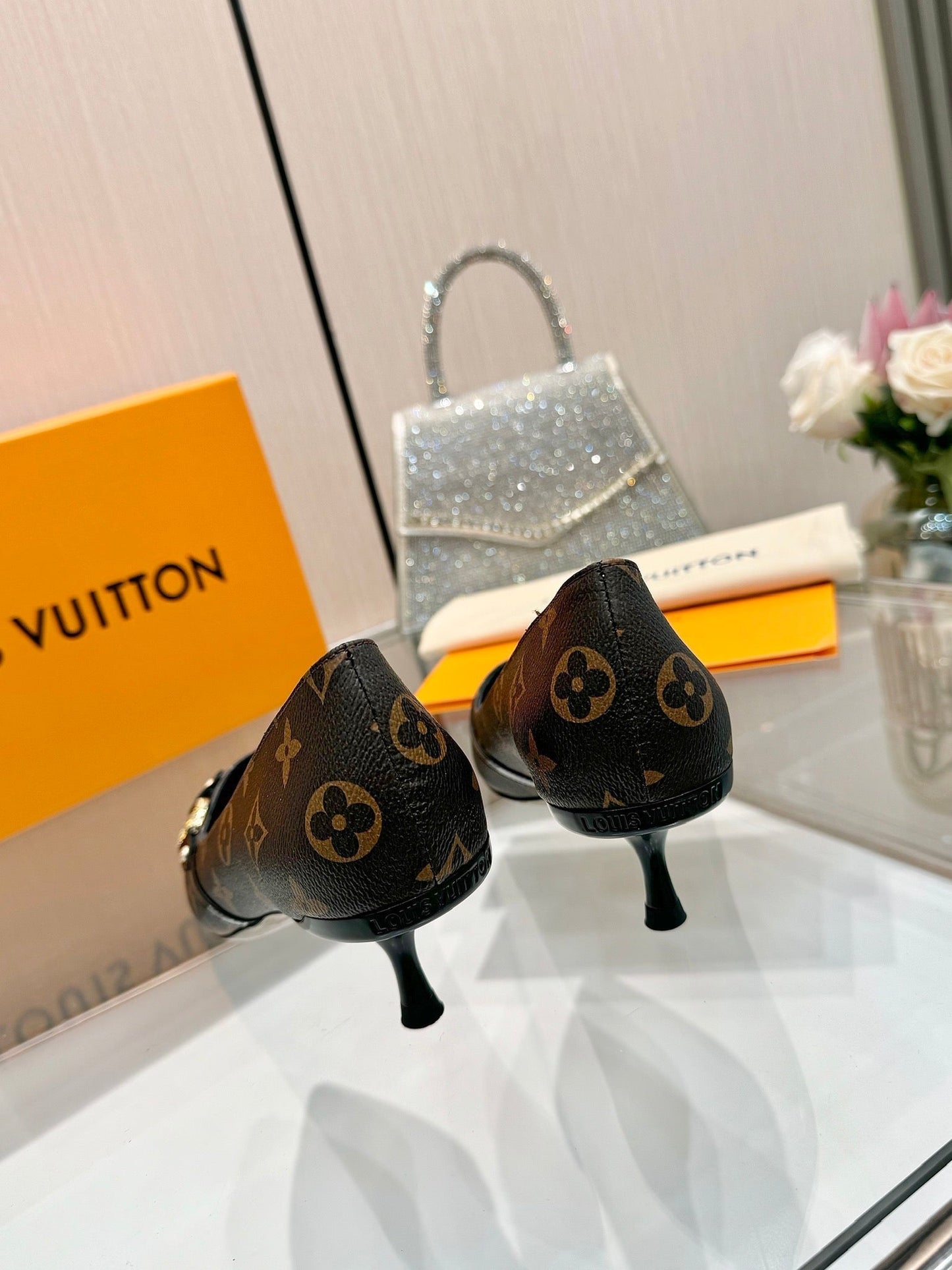 6AM HIGH HEELS 55 MM IN CHOCOLATE BROWN MONOGRAM LAMBSKIN - 34