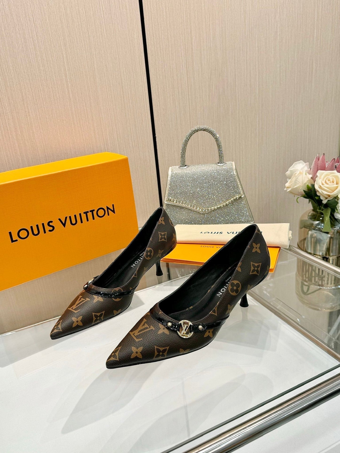 6AM HIGH HEELS 55 MM IN CHOCOLATE BROWN MONOGRAM LAMBSKIN - 34