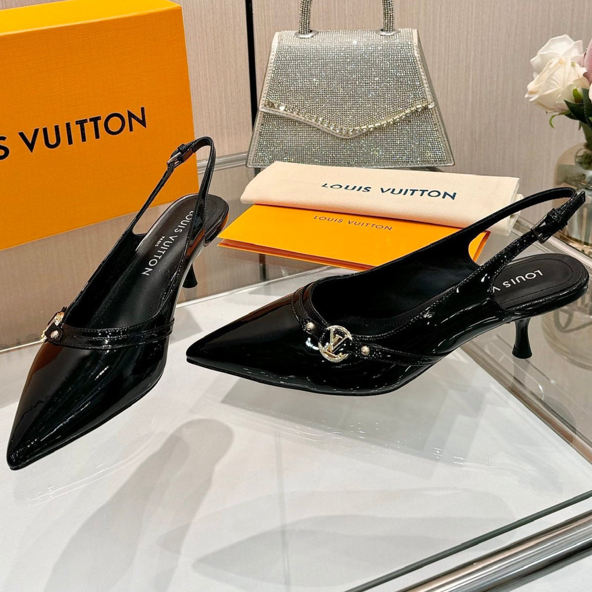 6AM SLINGBACK HIGH HEELS 55 MM IN BLACK PATENT LAMBSKIN - 34