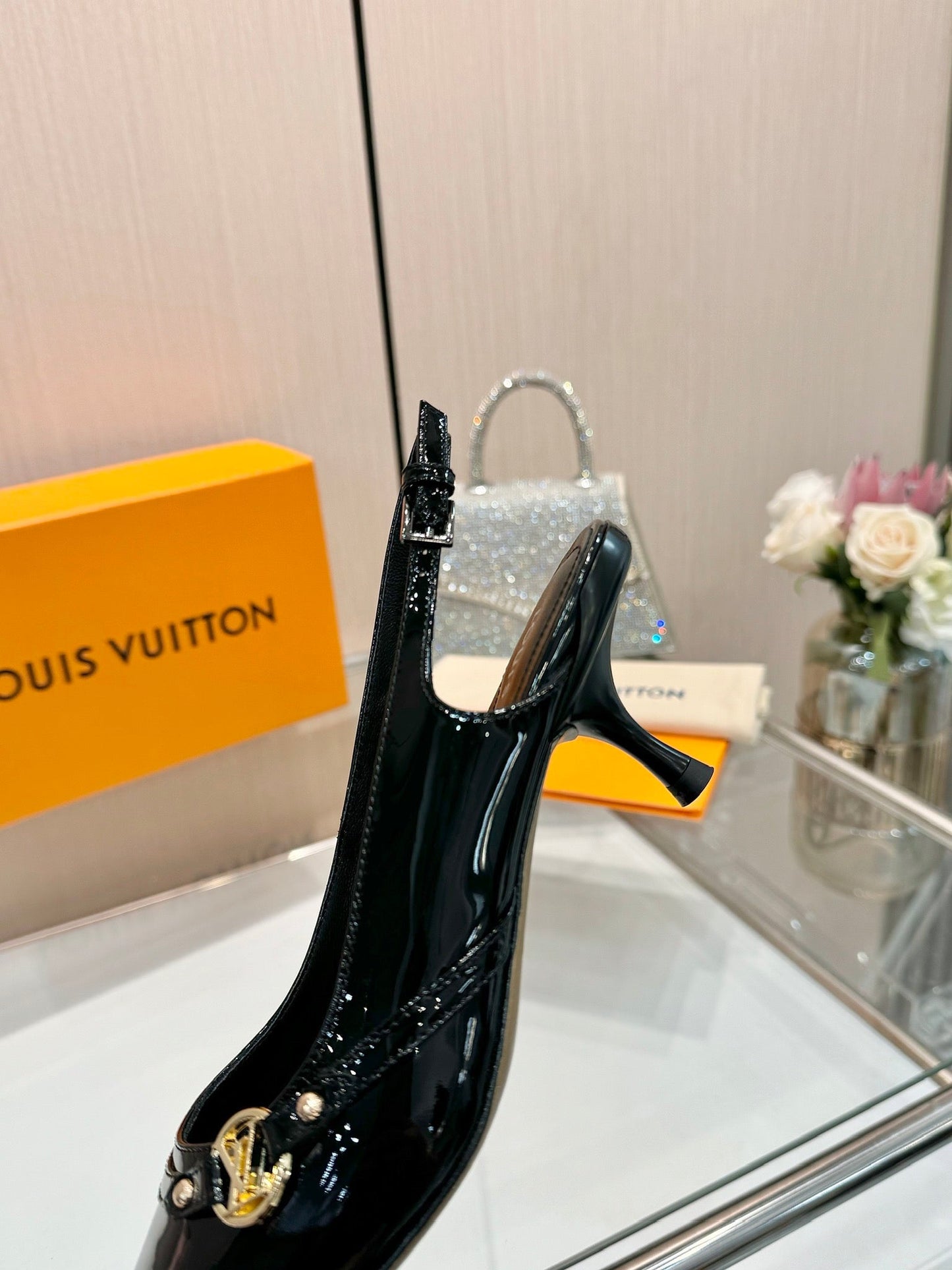 6AM SLINGBACK HIGH HEELS 55 MM IN BLACK PATENT LAMBSKIN - 34