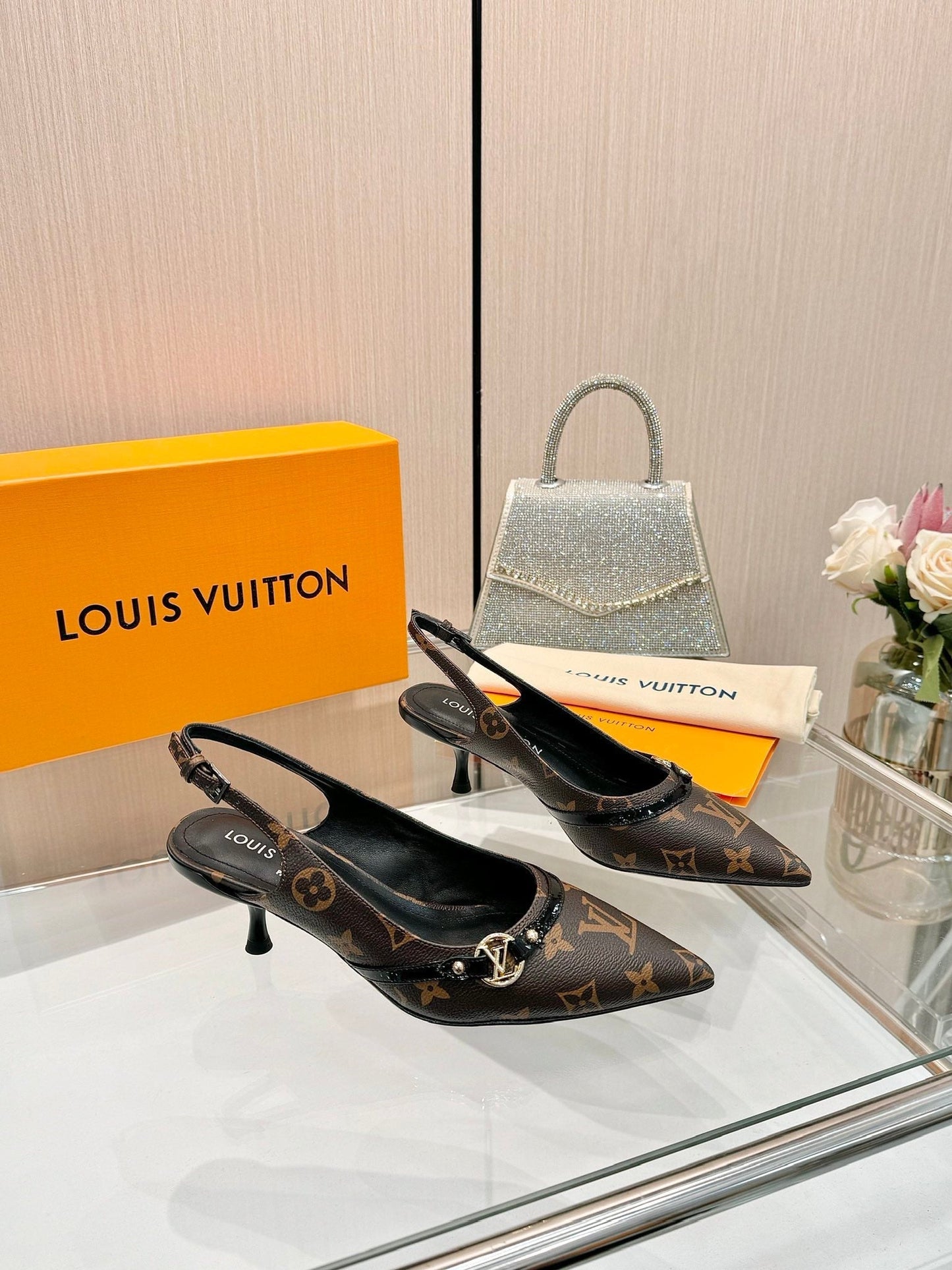 6AM SLINGBACK HIGH HEELS 55 MM IN CHOCOLATE BROWN MONOGRAM LAMBSKIN - 34