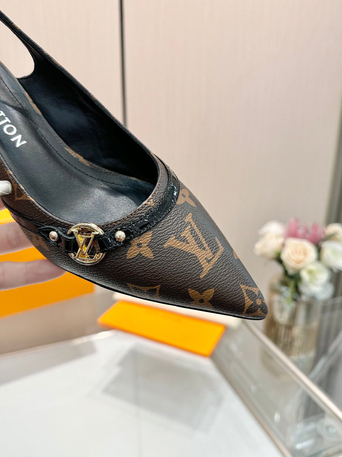 6AM SLINGBACK HIGH HEELS 55 MM IN CHOCOLATE BROWN MONOGRAM LAMBSKIN - 34
