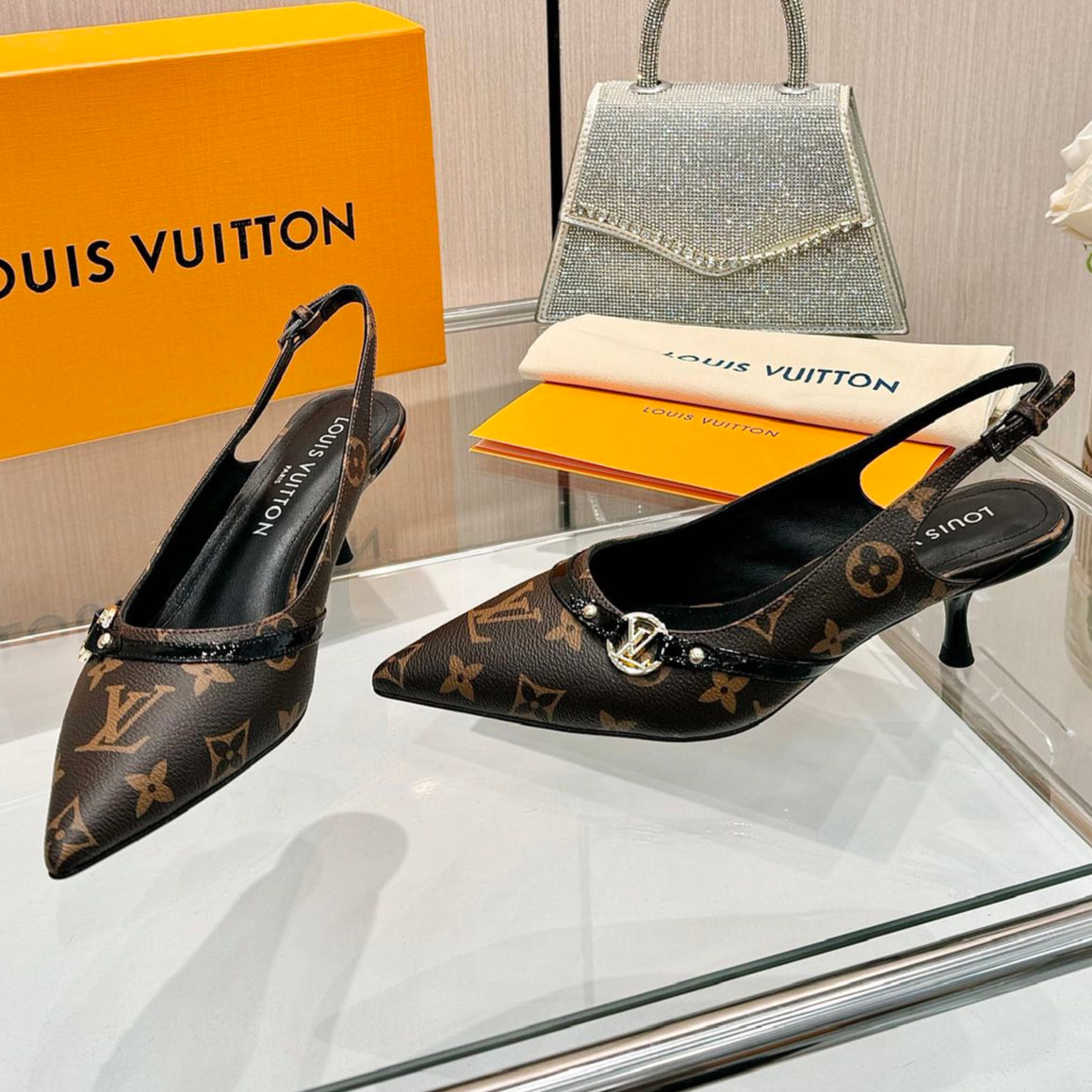 6AM SLINGBACK HIGH HEELS 55 MM IN CHOCOLATE BROWN MONOGRAM LAMBSKIN - 34