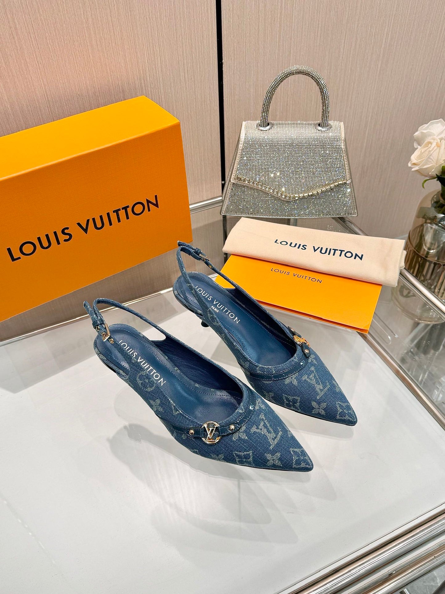 6AM SLINGBACK HIGH HEELS 55 MM IN CLASSIC BLUE MONOGRAM DENIM - 34