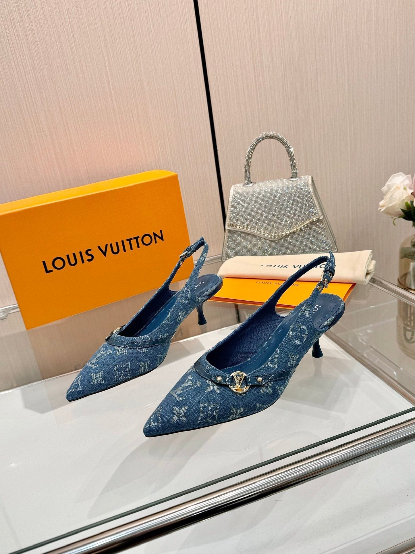 6AM SLINGBACK HIGH HEELS 55 MM IN CLASSIC BLUE MONOGRAM DENIM - 34