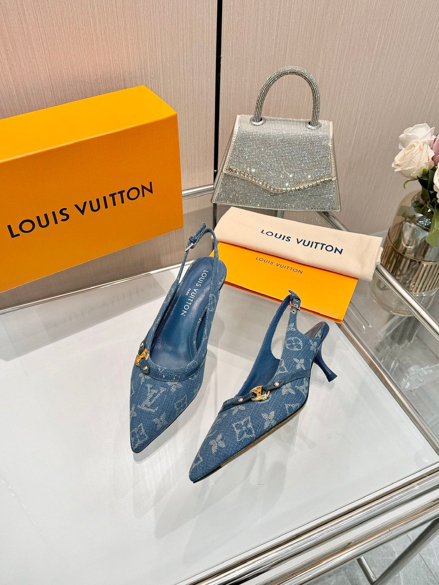 6AM SLINGBACK HIGH HEELS 55 MM IN CLASSIC BLUE MONOGRAM DENIM - 34