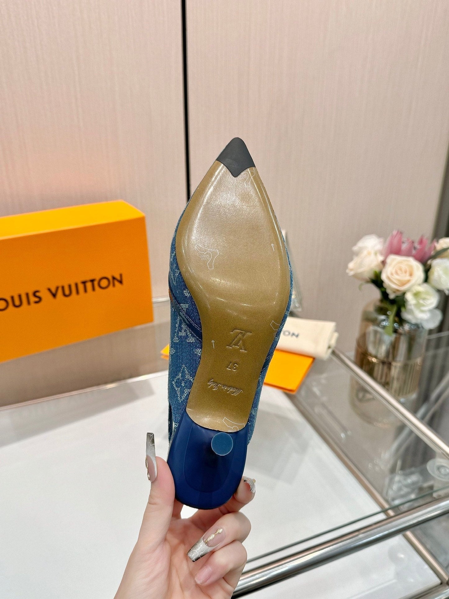 6AM SLINGBACK HIGH HEELS 55 MM IN CLASSIC BLUE MONOGRAM DENIM - 34