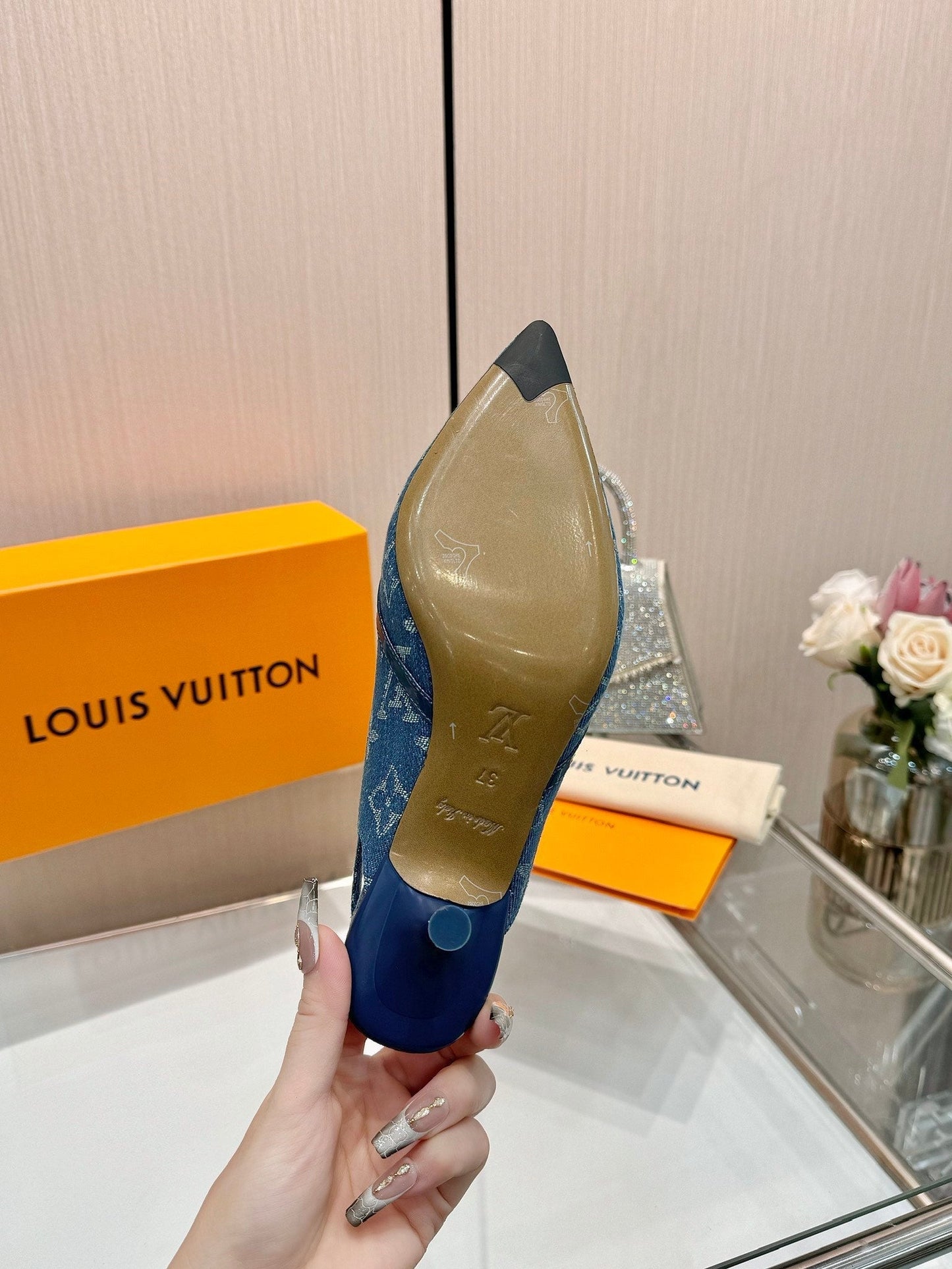 6AM SLINGBACK HIGH HEELS 55 MM IN CLASSIC BLUE MONOGRAM DENIM - 34