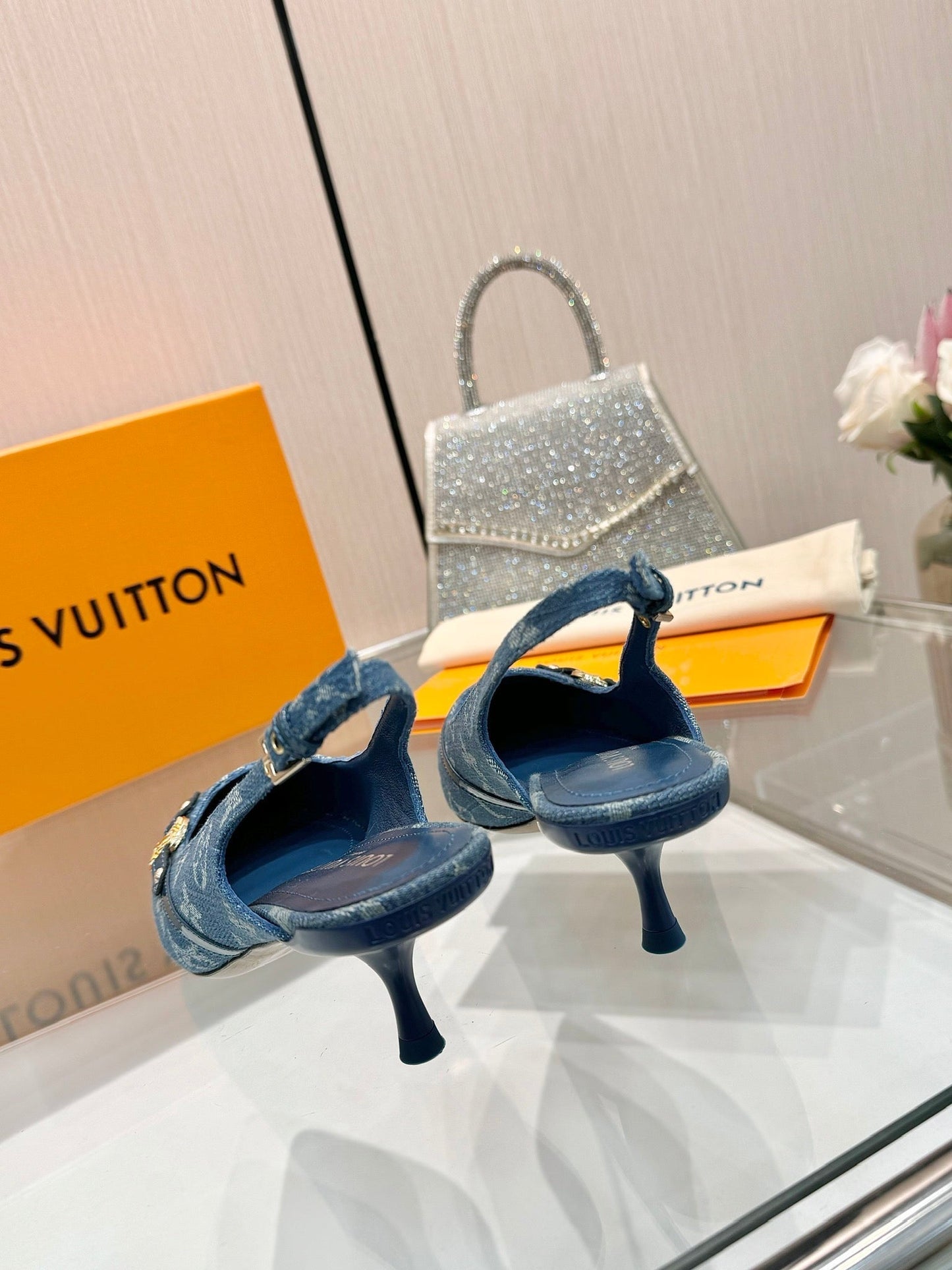 6AM SLINGBACK HIGH HEELS 55 MM IN CLASSIC BLUE MONOGRAM DENIM - 34
