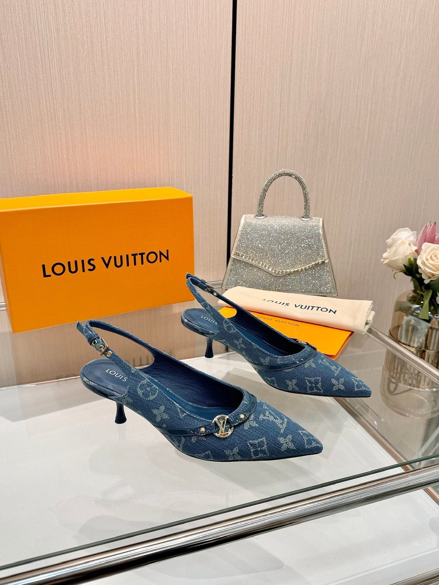 6AM SLINGBACK HIGH HEELS 55 MM IN CLASSIC BLUE MONOGRAM DENIM - 34