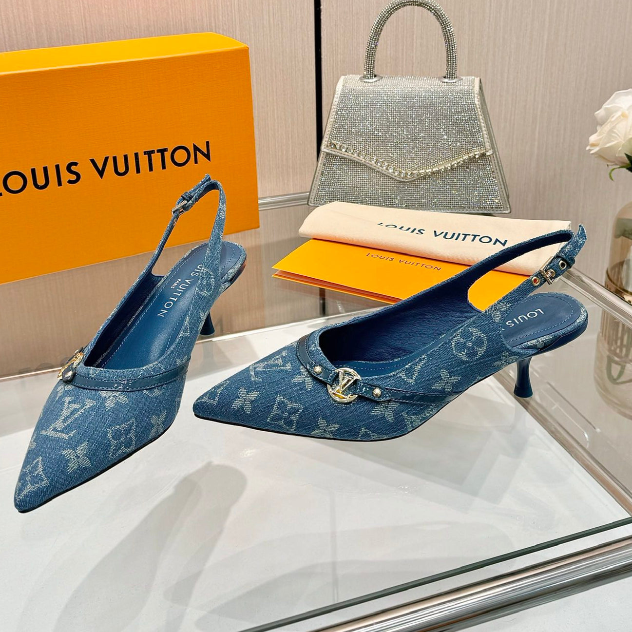 6AM SLINGBACK HIGH HEELS 55 MM IN CLASSIC BLUE MONOGRAM DENIM - 34