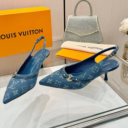 6AM SLINGBACK HIGH HEELS 55 MM IN CLASSIC BLUE MONOGRAM DENIM - 34