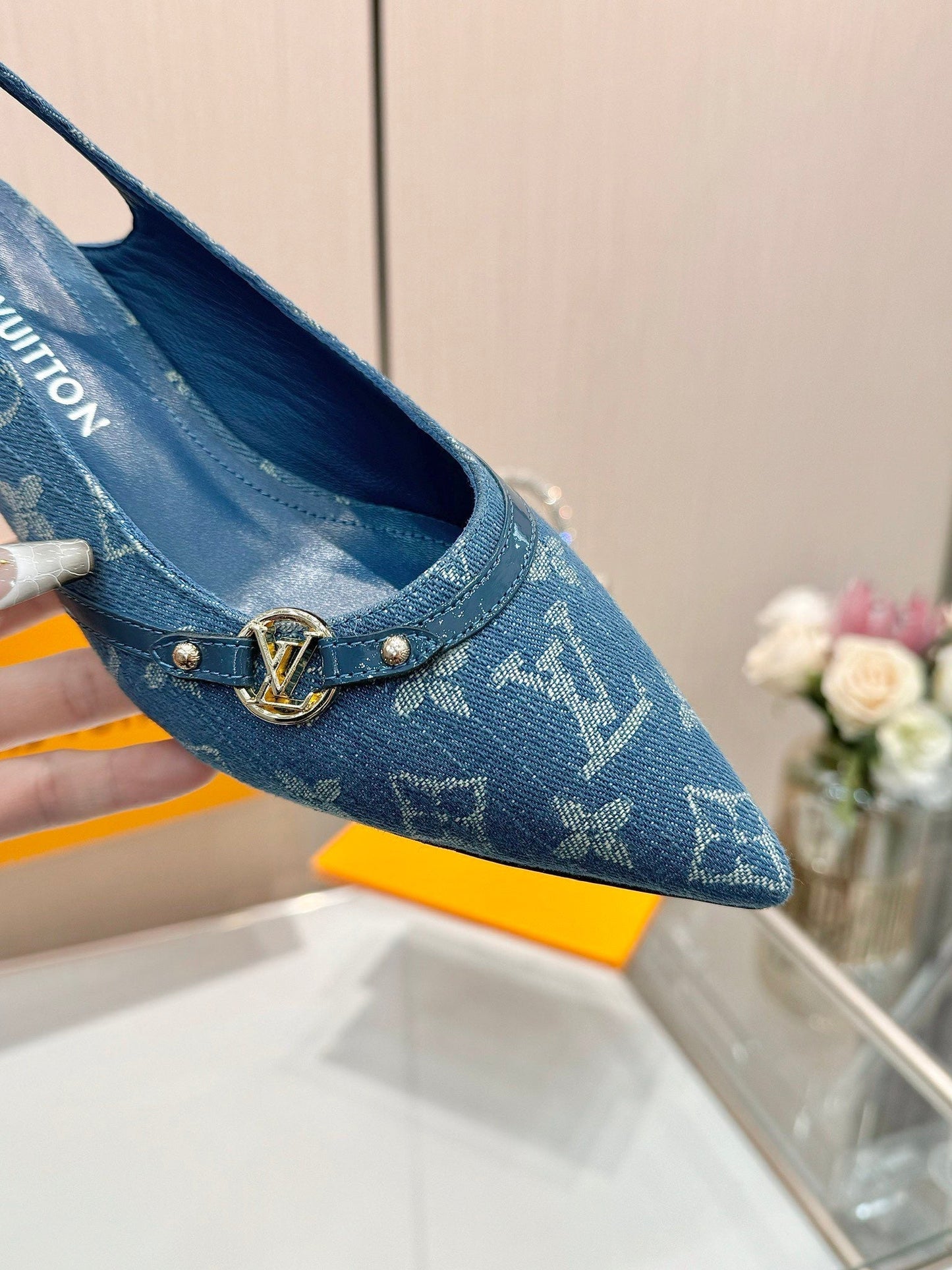 6AM SLINGBACK HIGH HEELS 55 MM IN CLASSIC BLUE MONOGRAM DENIM - 34