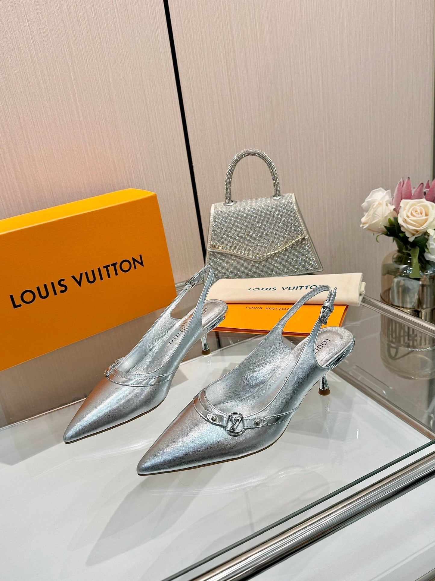 6AM SLINGBACK HIGH HEELS 55 MM IN SILVER LAMBSKIN - 34