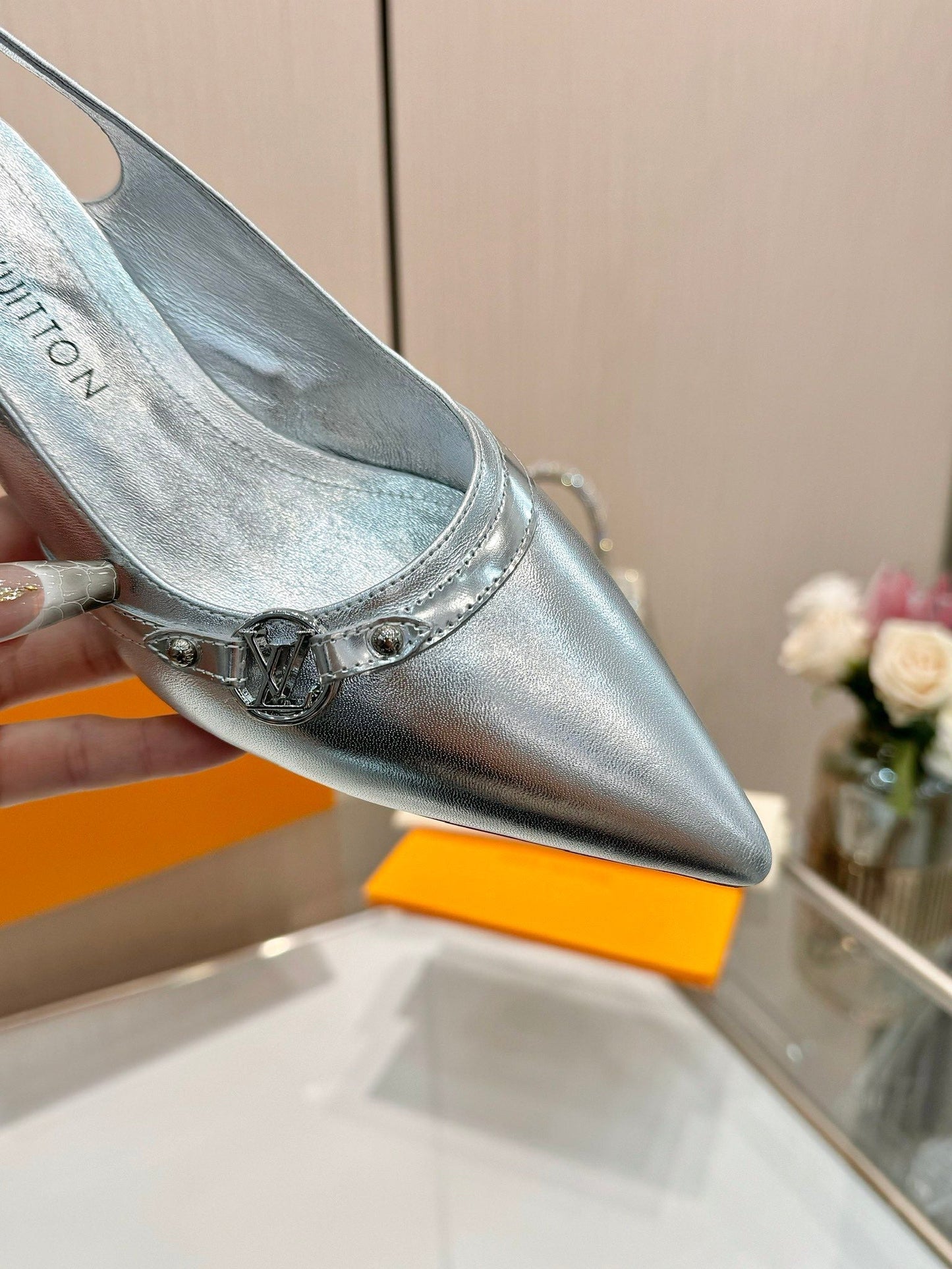 6AM SLINGBACK HIGH HEELS 55 MM IN SILVER LAMBSKIN - 34