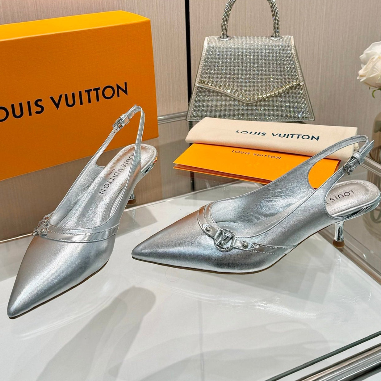 6AM SLINGBACK HIGH HEELS 55 MM IN SILVER LAMBSKIN - 34