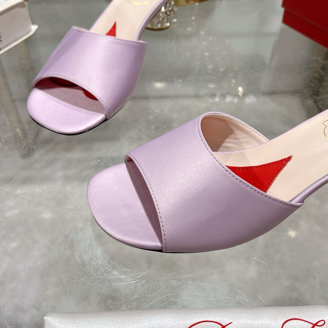 CRYSTAL HEEL MULE IN LIGHT PURPLE SILK - 34